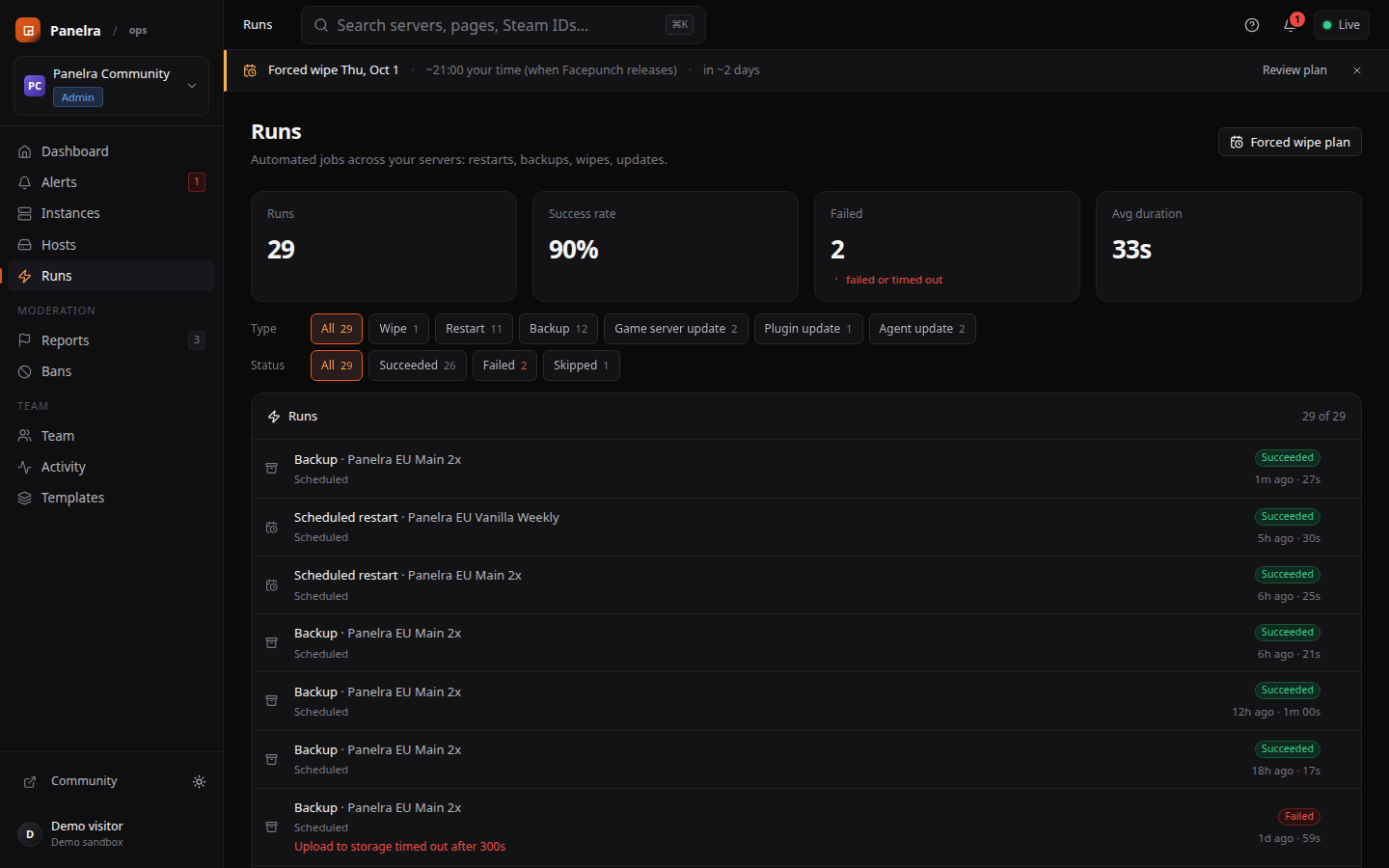 Runs: every scheduled restart, backup, wipe and update and how it went.