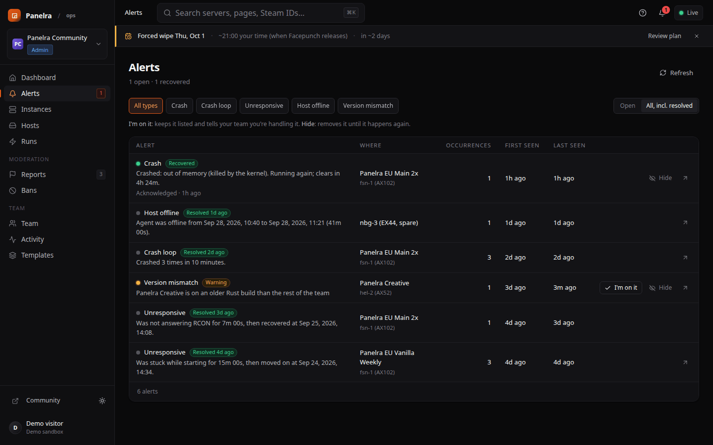 Alerts: crashes, unresponsive servers and offline hosts, with recovery status.