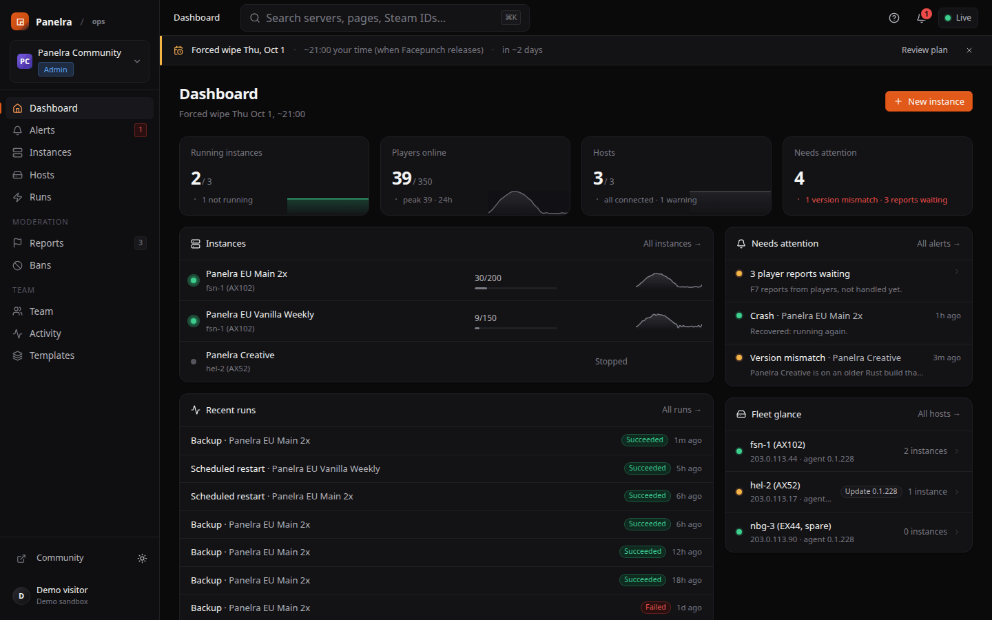 Dashboard: every server, player count and open issue on one screen.