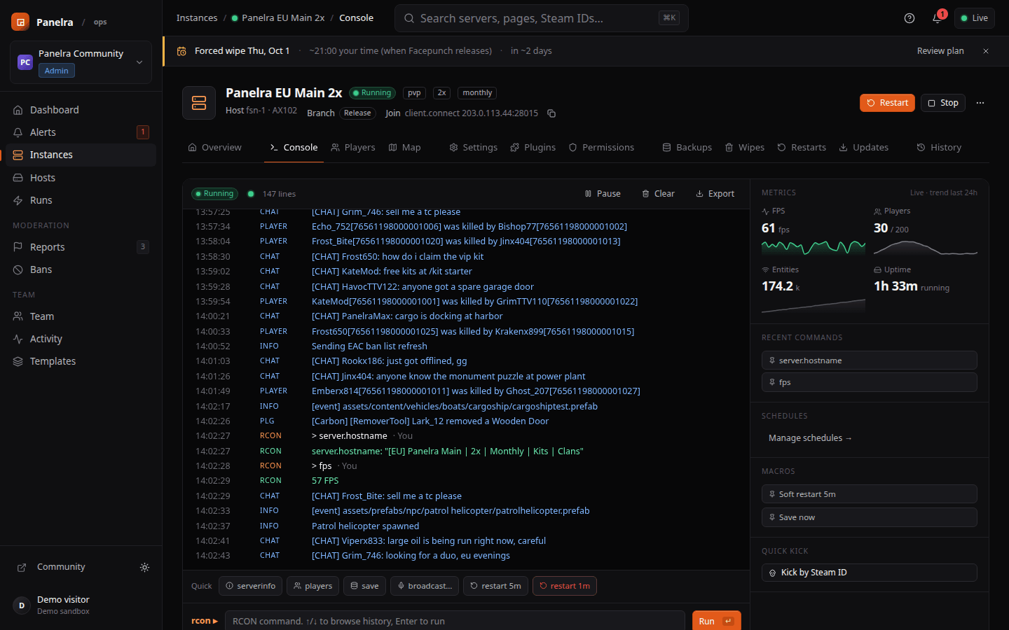 Web RCON console with quick commands, macros and live metrics.