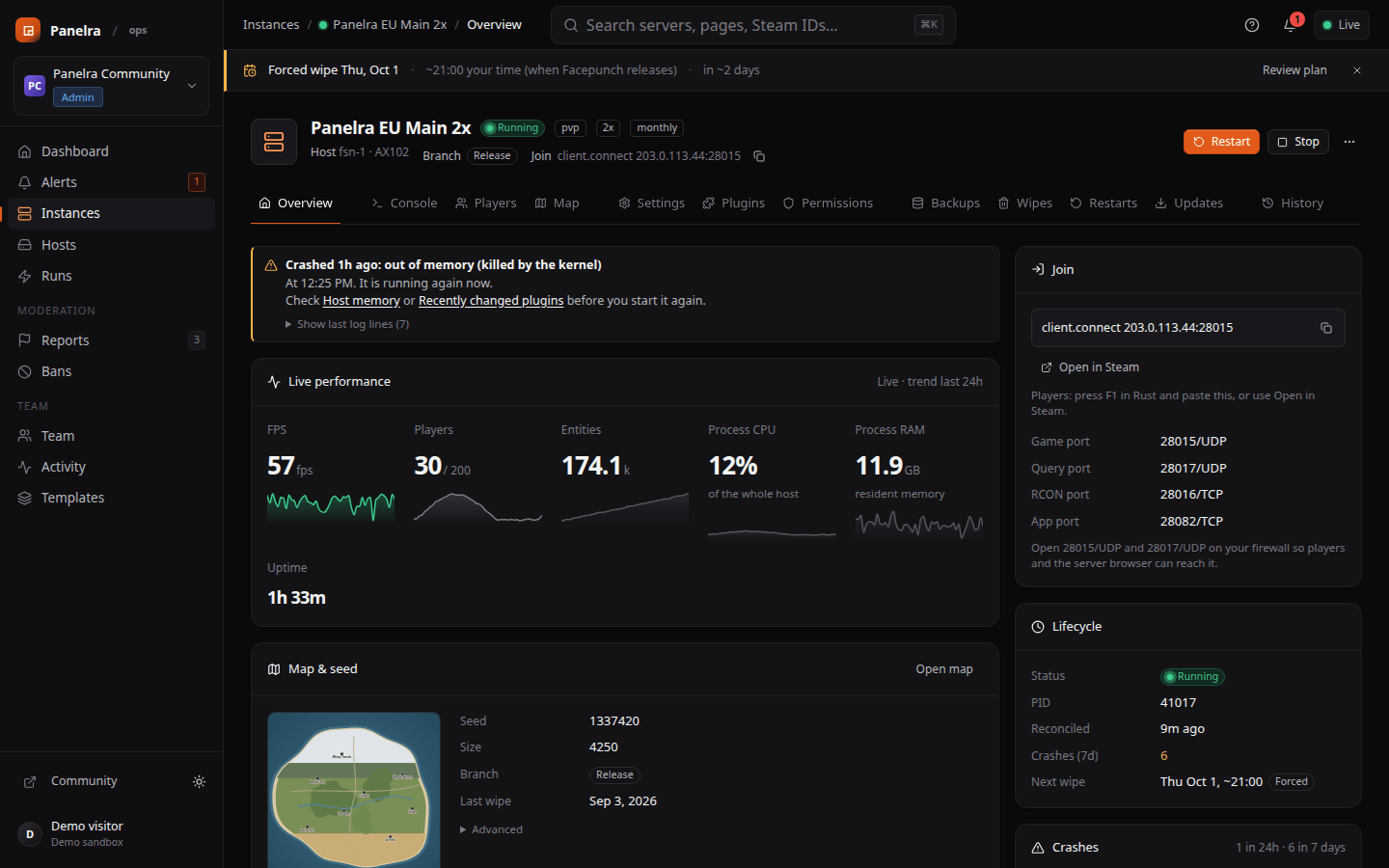 Server overview: live FPS, players and entities, crash history and join ports.